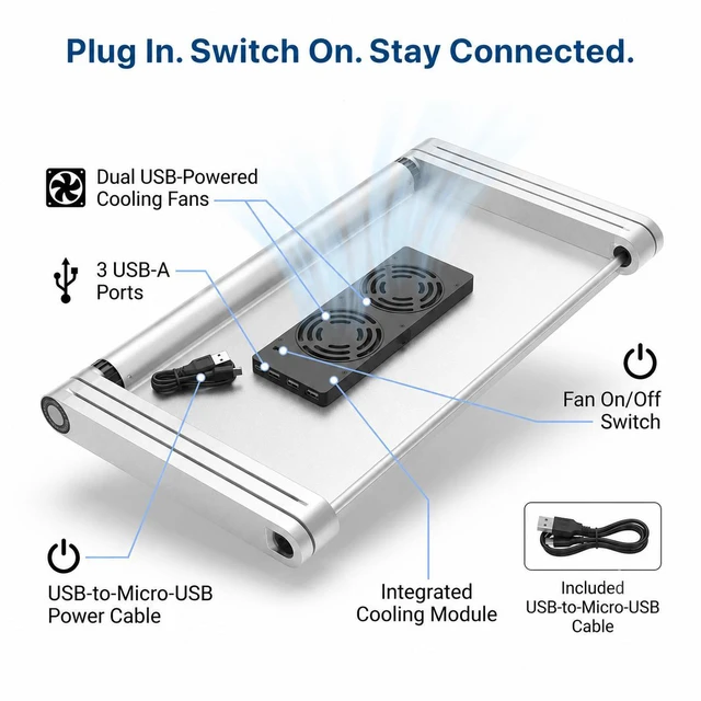 Alt view image 3 of 7 - WorkEZ Executive Cooling Laptop Stand & Lap Desk - Dual Fans + 3-Port USB Hub