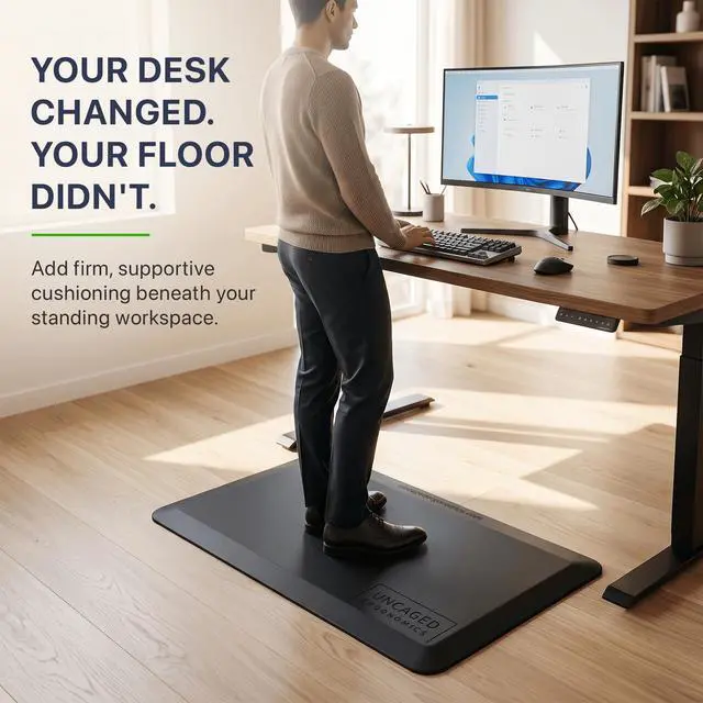Alt view image 2 of 7 - Uncaged Ergonomics MAT34 Anti-Fatigue Mat for Standing Desks, 34 x 20 in., 5/8 in. Firm Polyurethane Foam, Black