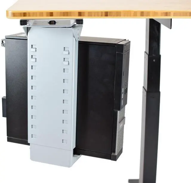 Alt view image 4 of 5 - CPU1 under desk steel cpu holder swivels 360 adjustable height width metal computer PC cage ergonomic sit stand up standing desk accessory tower mount desktop office organization de clutter desks gray