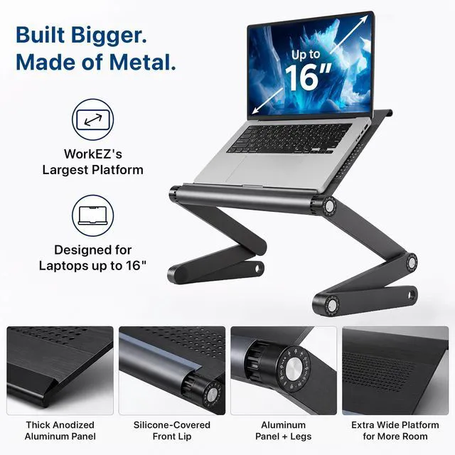 Alt view image 3 of 7 - WorkEZ Executive Adjustable Laptop Stand & Lap Desk - Wide Vented Aluminum, 2-24 in Height