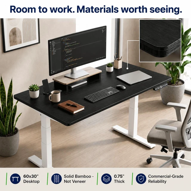 Alt view image 4 of 7 - Rise Up 3-stage Dual Motor Electric Standing Desk with Black Bamboo Top