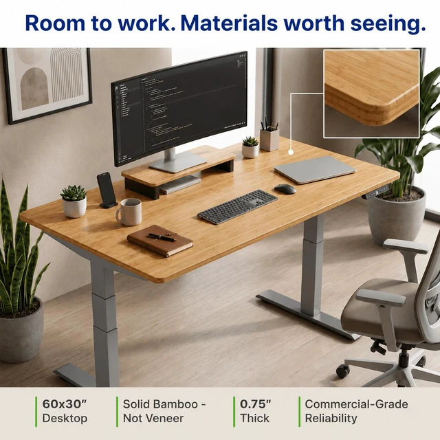 Alt view image 4 of 7 - Rise Up 3-stage Dual Motor Electric Standing Desk with Natural Bamboo Top