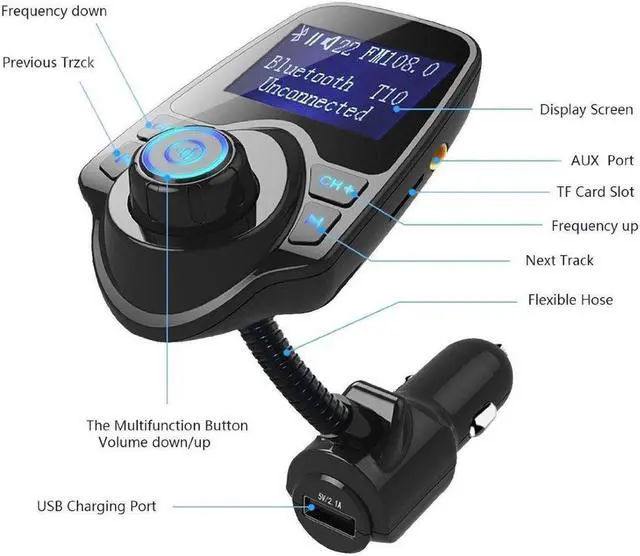 Alt view image 3 of 7 - Wireless Bluetooth FM Transmitter& USB Car Charger 1.44 Inch Screen Supports Display Car Battery Voltage, Song Names, Incoming Phone Number