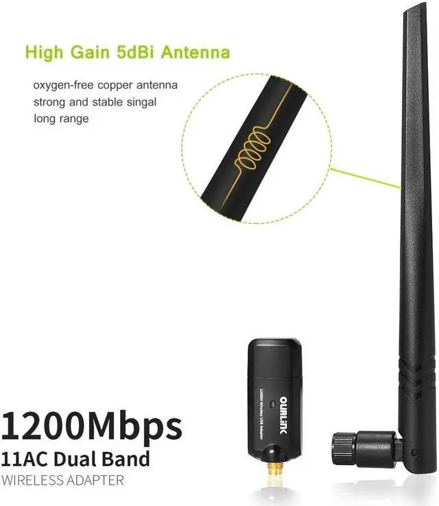 Alt view image 2 of 6 - OURLINK AC1200 1200mbps mini Dual Band Wireless USB Adapter 2.4GHz 300Mbps/5Ghz 867Mbps with  5dbi High Gain Antenna