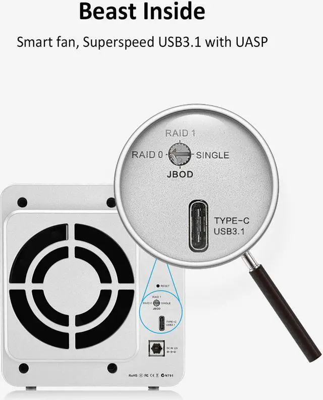 Alt view image 3 of 7 - TERRAMASTER D2-310 USB Type C External Hard Drive RAID Enclosure USB3.1 (Gen1) 2-Bay RAID Storage Support RAID 0/1/Single (Diskless)