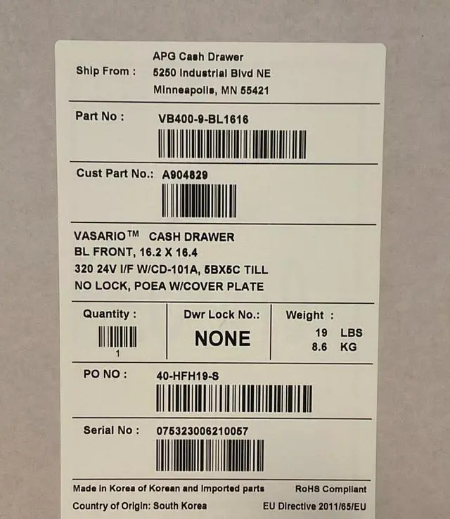 Main image of APG Vasario Cash Drawer 5 BILL 5 COIN Till - NO LOCK - RJ-45 - VB400-9-BL1616