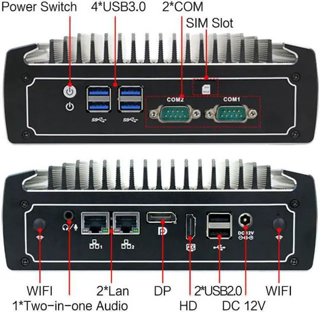 Alt view image 5 of 5 - Partaker Fanless Mini PC, Industrial Computer, Windows 11 or Linux Ubuntu, TPM2.0, Core I3 10110U, I28, 2 x COM, SIM Slot, HDMI, DP, 2 x LAN, WOL, PXE, Watchdog, 32GB DDR4 512GB SSD