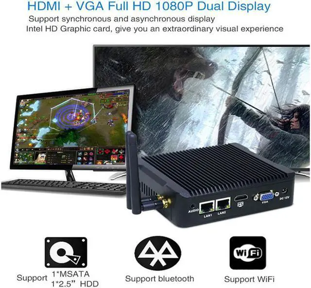 Alt view image 6 of 7 - Mini PC 2 LAN Port Intel Quad Core J1900 CPU 2.0GHz Fanless Computer for Windows 7 8 10 OS embedded 1*VGA 1*HD-MI 4G RAM 32G SSD