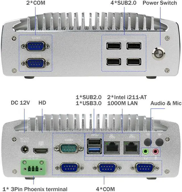 Alt view image 6 of 6 - Fanless Industrial Mini PC Intel Celeron J1900 Quad Core Dual Lan Linux/Windows Micro Computer Support RS232 RS485 COM HD-MI 4G RAM 128G SSD