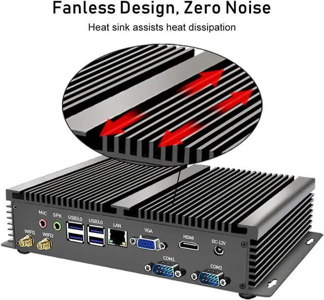 Alt view image 2 of 6 - Fanless Industrial PC, Mini Computer, Intel Core i3 6157U, Windows 10 Pro or Linux, 4GB Ram 128GB SSD, VGA, HDMI, 2*RS232 COM