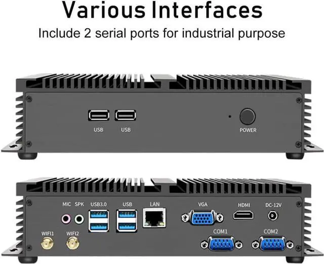 Alt view image 3 of 6 - Fanless Industrial PC, Mini Computer, Intel Core i3 6157U, Windows 10 Pro or Linux, 4GB Ram 128GB SSD, VGA, HDMI, 2*RS232 COM