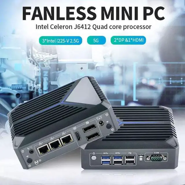 Alt view image 4 of 7 - Micro Firewall Appliance 3 Intel I225-V 2.5GbE NIC Ports, Fanless Mini PC, Intel Celeron J6412 Quad Core, Support AES-NI, TPM2.0 2xDP 1xHDMI 1xCOM 6xUSB, 16GB DDR4,512GB M.2 SSD