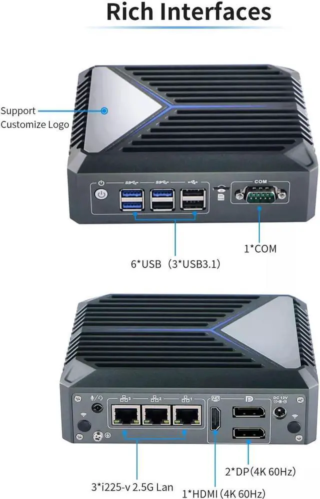 Alt view image 5 of 7 - Micro Firewall Appliance 3 Intel I225-V 2.5GbE NIC Ports, Fanless Mini PC, Intel Celeron J6412 Quad Core, Support AES-NI, TPM2.0 2xDP 1xHDMI 1xCOM 6xUSB, 16GB DDR4,512GB M.2 SSD