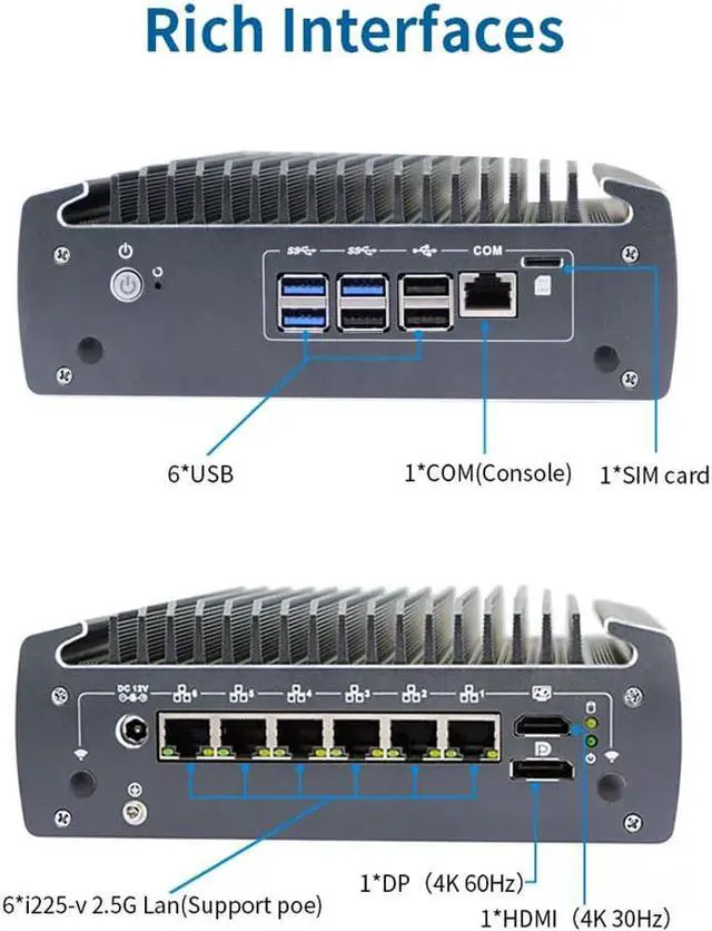 Alt view image 7 of 7 - Micro Firewall Appliance, Fanless Mini PC, Intel Core I7 10810U, VPN, Router PC, AES-NI, 6 x Intel I225-V 2.5GbE NIC Ports, TPM2.0, POE, AES-NI, 1xDP 1xHDMI 1xCOM 6xUSB, 8GB RAM, 256GB SSD