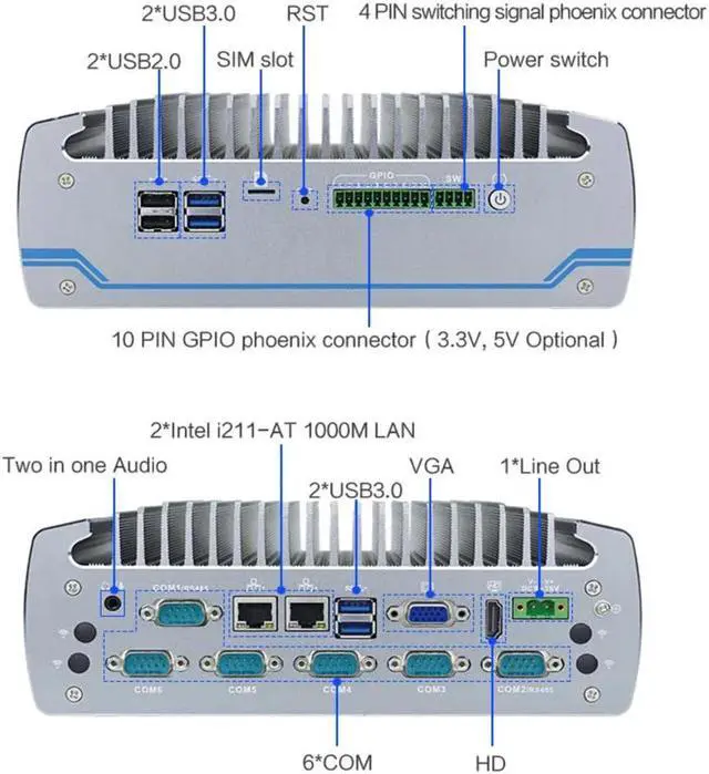 Alt view image 7 of 7 - Partaker Fanless Industrial Computer, IPC, I3 7100U, Windows 11 Pro, I18, HDMI, VGA, 2 x LAN, 6 x COM, 4PIN Phoenix, 10PIN GPIO Phoenix, 2 x SIM Slot, 9 to 36V, 8G RAM, 256G SSD - OEM