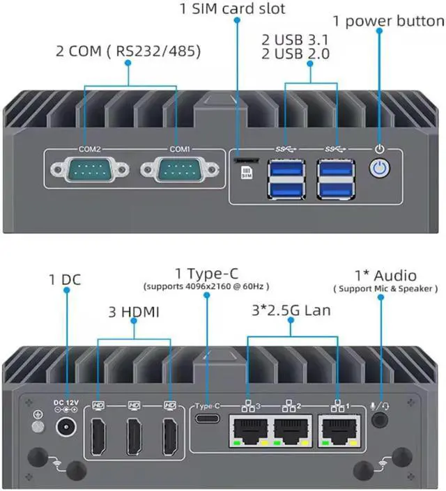 Alt view image 6 of 6 - Partaker Fanless Mini PC, Desktop Computer, 14th Gen Core Ultra 5 125U, N8, Windows 11, 3 x HDMI, 1 x Type-C, 2 x COM RS232/485, SIM Slot, 3 x i226-V 2.5Gbe Lan, 16GB RAM 512GB SSD