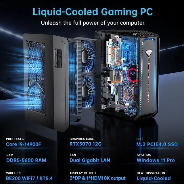 Alt view image 2 of 7 - Partaker Mini Gaming PC, Liquid-Cooled PC, Desktop Computer, Core I9 14900KF/14900F, GeForce RTX5070 12G, 32GB DDR5 1TB M.2 PCIE4.0 SSD, Four Display, 8K@60Hz Outputs, Dual LAN, WiFi7/BT5.4