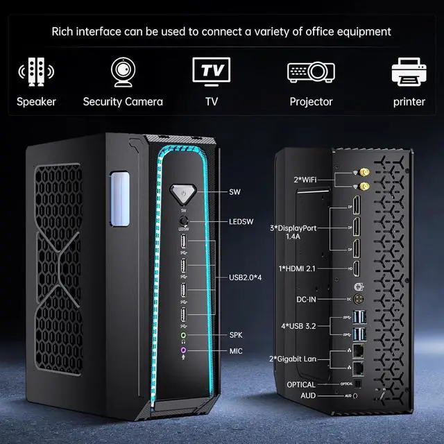 Alt view image 5 of 7 - Partaker Mini Gaming PC, Liquid-Cooled PC, Desktop Computer, Core i5 14400F, GeForce RTX4060Ti 8G, 32GB DDR5 1TB M.2 PCIE4.0 SSD, Four Display, 8K@60Hz Outputs, Dual LAN, WiFi7/BT5.4