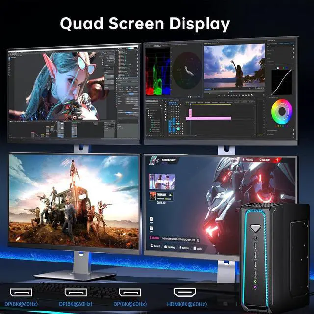 Alt view image 3 of 7 - Partaker Mini Gaming PC, Liquid-Cooled PC, Desktop Computer, Core i5 14400F, GeForce RTX4060Ti 8G, 32GB DDR5 1TB M.2 PCIE4.0 SSD, Four Display, 8K@60Hz Outputs, Dual LAN, WiFi7/BT5.4