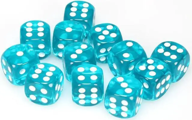 Alt view image 2 of 5 - 6 Sided Cube 16mm Translucent Teal & White Dots 12ct Standard Size Durable Chessex Manufacturing
