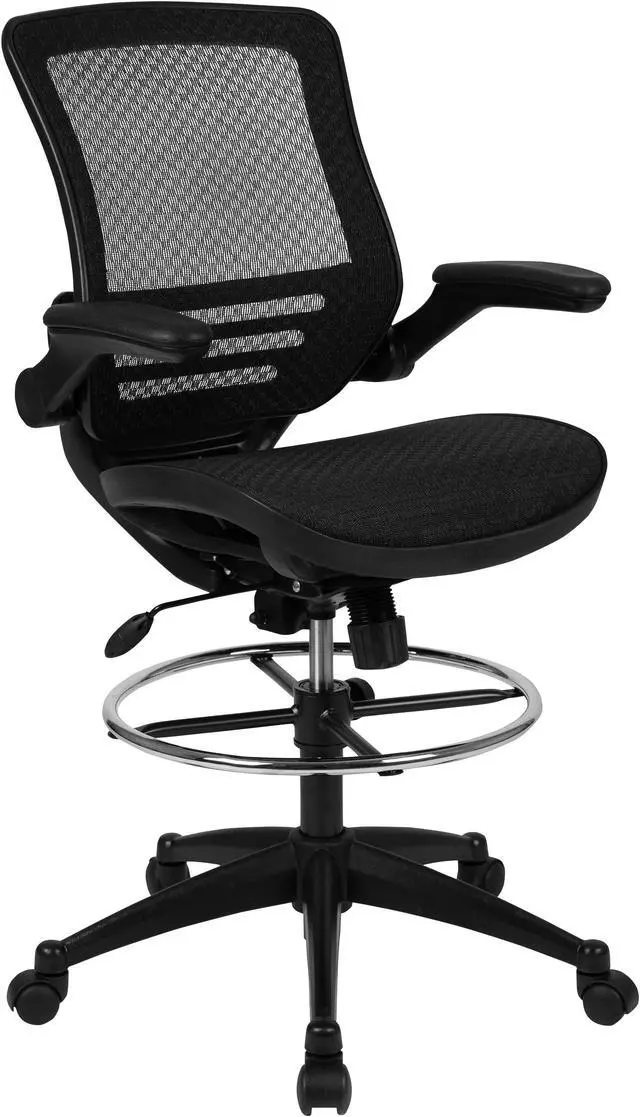 Alt view image 2 of 20 - Mid-Back Transparent Black Mesh Drafting Chair with Black Frame and Flip-Up Arms