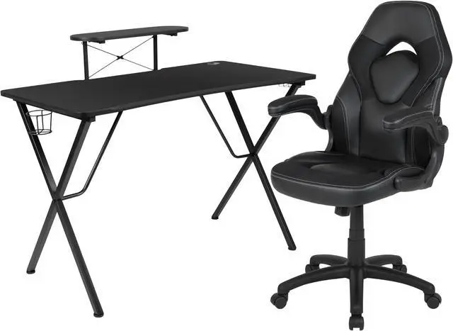 Alt view image 8 of 17 - Flash Furniture Black Computer Gaming Desk and Racing Chair Set with Cup Holder, Headphone Hook, Monitor and Smartphone Stand