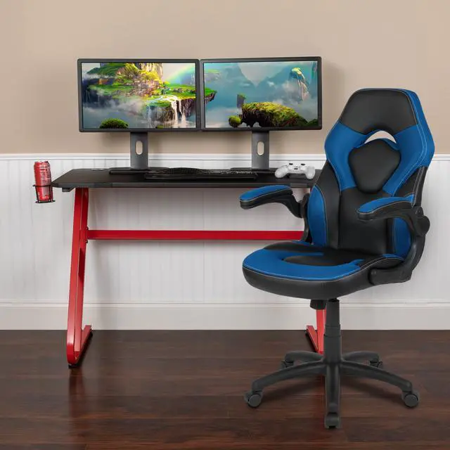 Alt view image 8 of 20 - Flash Furniture Red Computer Gaming Desk and Blue, Black Racing Chair Set with Cup Holder and Headphone Hook