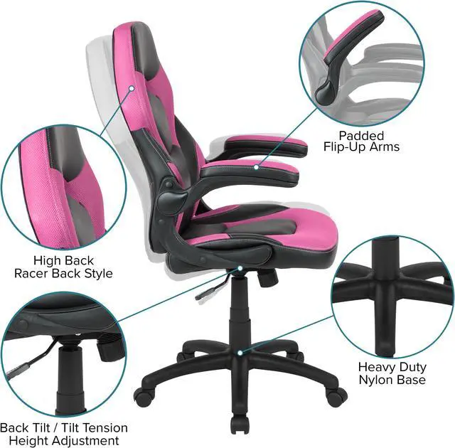 Alt view image 11 of 20 - Flash Furniture Contemporary Rectangle Red Gaming Desk and Pink/Black Racing Chair Set with Cup Holder, Headphone Hook and Built-in Lumbar Support