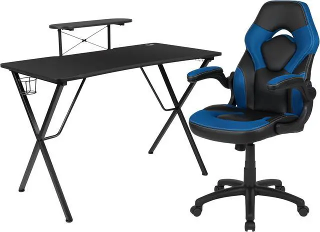 Alt view image 8 of 17 - Flash Furniture Black Computer Gaming Desk and Blue, Black Racing Chair Set with Cup Holder, Headphone Hook, Monitor and Smartphone Stand