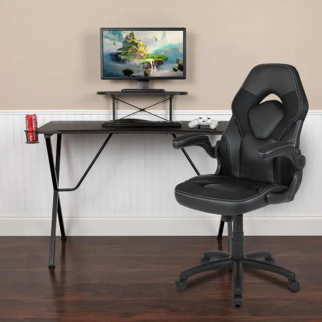 Alt view image 7 of 17 - Flash Furniture Black Computer Gaming Desk and Racing Chair Set with Cup Holder, Headphone Hook, Monitor and Smartphone Stand