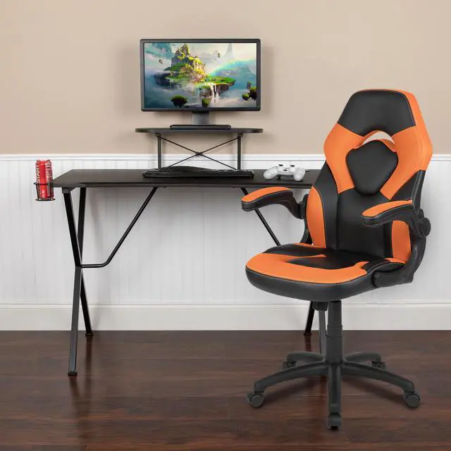 Alt view image 9 of 20 - Flash Furniture Black Computer Gaming Desk and Orange, Black Racing Chair Set with Cup Holder, Headphone Hook, Monitor and Smartphone Stand
