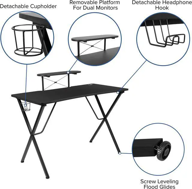 Alt view image 5 of 20 - Black Gaming Desk with Cup Holder/Headphone Hook/Monitor Stand & Black Reclining Back/Arms Gaming Chair with Footrest