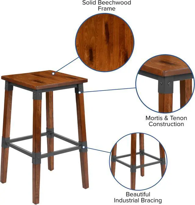 Alt view image 5 of 20 - 2 Pack Rustic Antique Walnut Industrial Wood Dining Backless Barstool