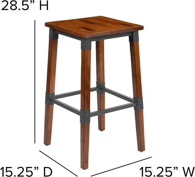 Alt view image 6 of 20 - 2 Pack Rustic Antique Walnut Industrial Wood Dining Backless Barstool