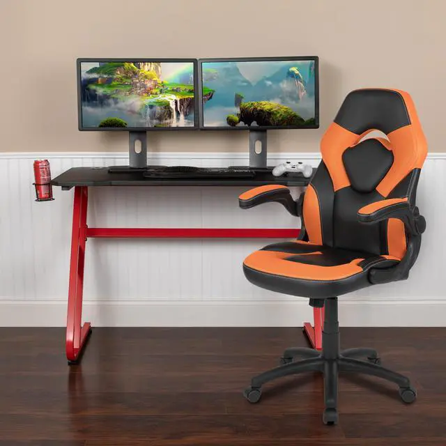 Main image of Red Gaming Desk and Orange/Black Racing Chair Set with Cup Holder and Headphone Hook
