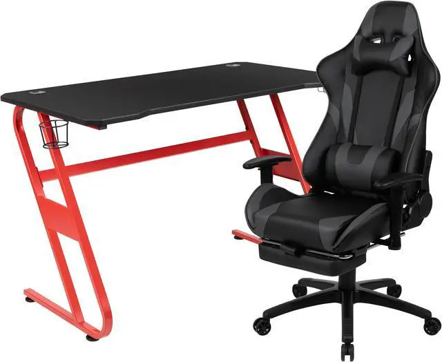 Alt view image 2 of 20 - Red Gaming Desk with Cup Holder/Headphone Hook & Gray Reclining Gaming Chair with Footrest