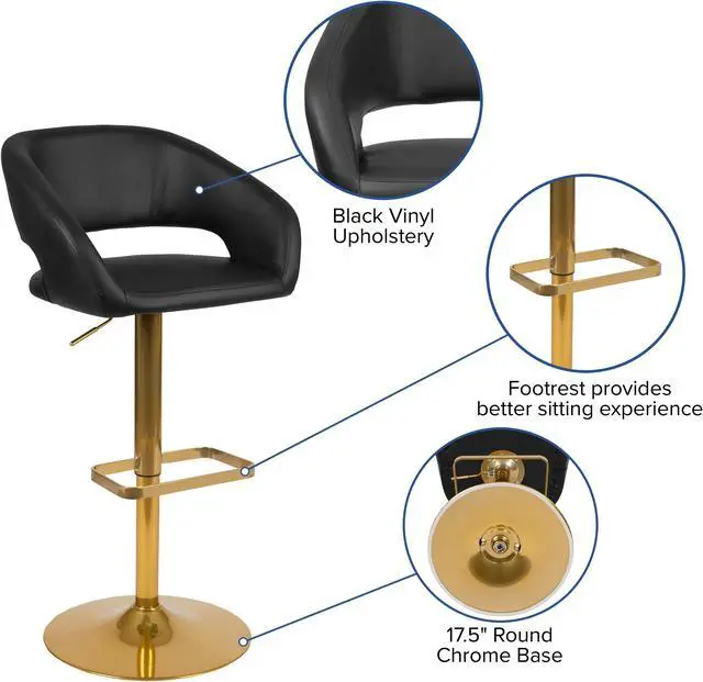 Alt view image 4 of 12 - Contemporary Black Vinyl Adjustable Height Barstool with Rounded Mid-Back and Gold Base