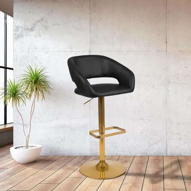 Main image of Contemporary Black Vinyl Adjustable Height Barstool with Rounded Mid-Back and Gold Base