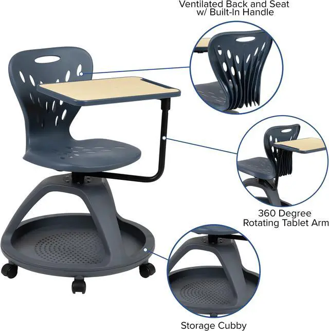 Alt view image 4 of 20 - Dark Gray Mobile Desk Chair with 360 Degree Tablet Rotation and Under Seat Storage Cubby