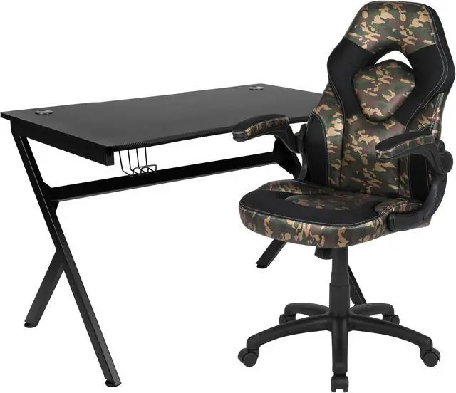 Alt view image 2 of 20 - Black Gaming Desk and Camouflage/Black Racing Chair Set with Cup Holder, Headphone Hook & 2 Wire Management Holes