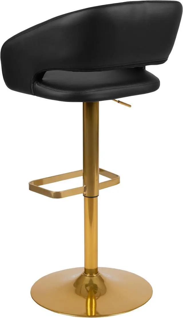 Alt view image 6 of 12 - Contemporary Black Vinyl Adjustable Height Barstool with Rounded Mid-Back and Gold Base