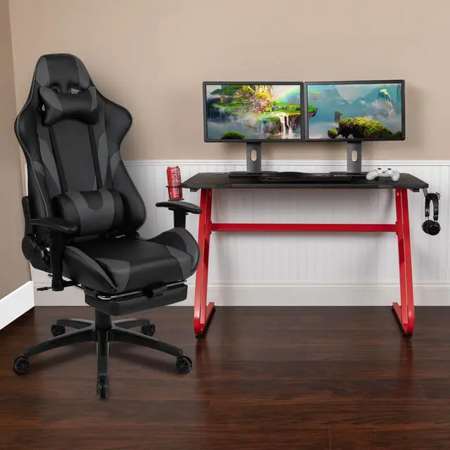 Main image of Red Gaming Desk with Cup Holder/Headphone Hook & Gray Reclining Gaming Chair with Footrest