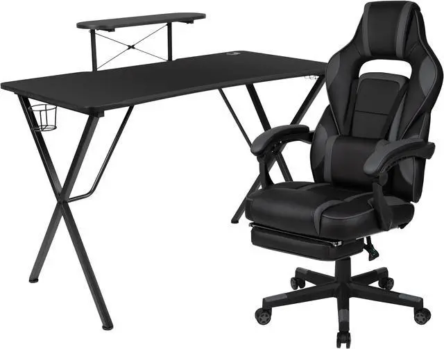 Alt view image 2 of 20 - Black Gaming Desk with Cup Holder/Headphone Hook/Monitor Stand & Black Reclining Back/Arms Gaming Chair with Footrest