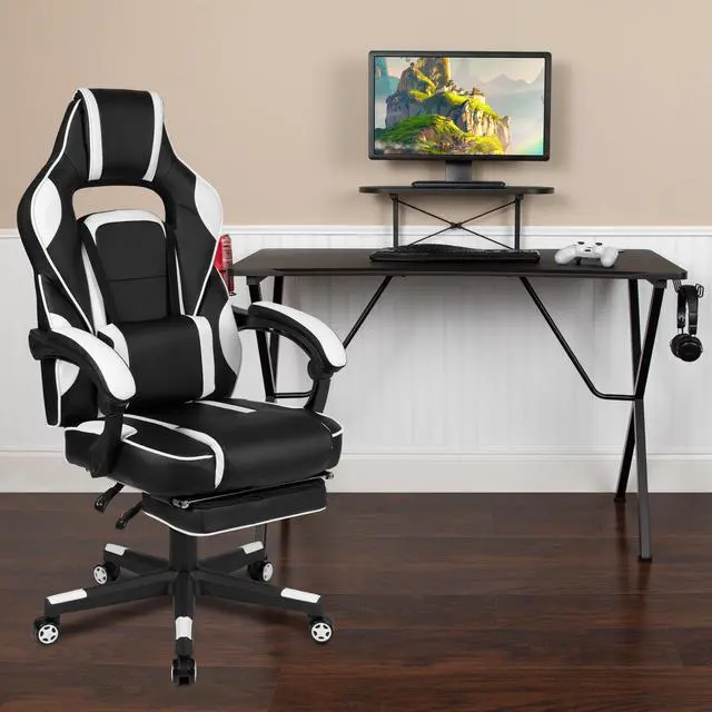 Main image of Black Gaming Desk with Cup Holder/Headphone Hook/Monitor Stand & White Reclining Back/Arms Gaming Chair with Footrest