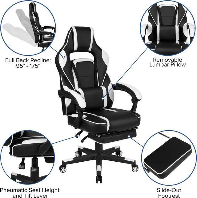 Alt view image 4 of 20 - Black Gaming Desk with Cup Holder/Headphone Hook/Monitor Stand & White Reclining Back/Arms Gaming Chair with Footrest