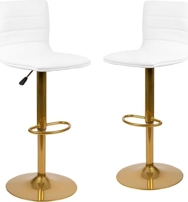 Alt view image 3 of 20 - Modern White Vinyl Adjustable Bar Stool with Back, Counter Height Swivel Stool with Gold Pedestal Base, Set of 2