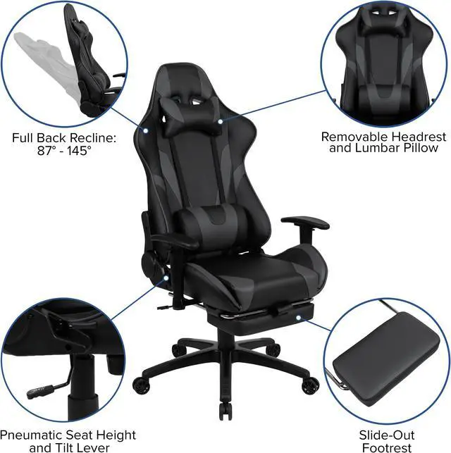 Alt view image 4 of 20 - Red Gaming Desk with Cup Holder/Headphone Hook & Gray Reclining Gaming Chair with Footrest