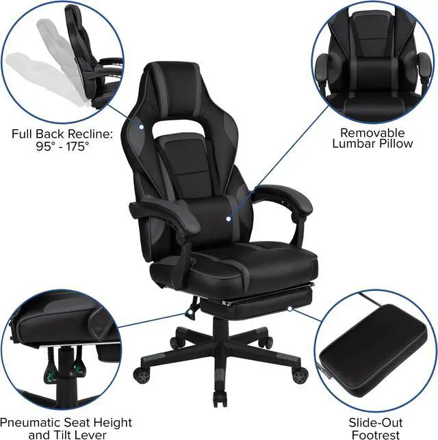 Alt view image 4 of 20 - Black Gaming Desk with Cup Holder/Headphone Hook/Monitor Stand & Black Reclining Back/Arms Gaming Chair with Footrest