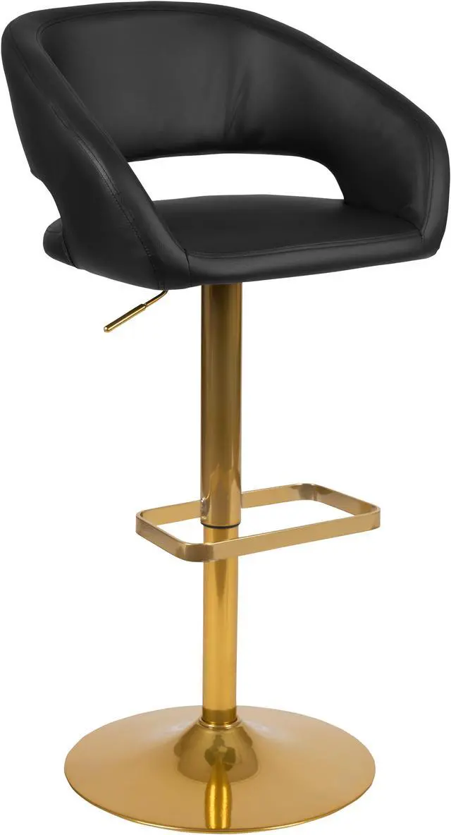 Alt view image 2 of 12 - Contemporary Black Vinyl Adjustable Height Barstool with Rounded Mid-Back and Gold Base
