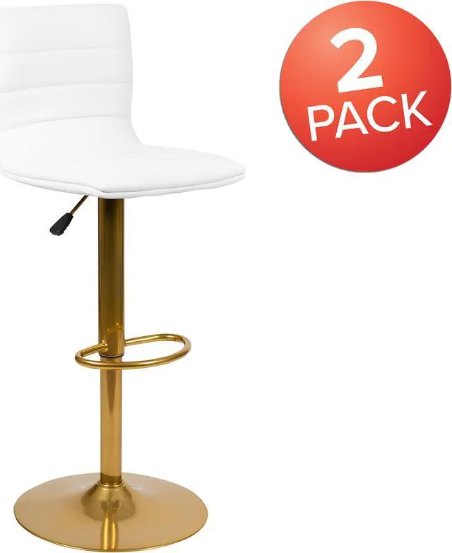 Alt view image 2 of 20 - Modern White Vinyl Adjustable Bar Stool with Back, Counter Height Swivel Stool with Gold Pedestal Base, Set of 2